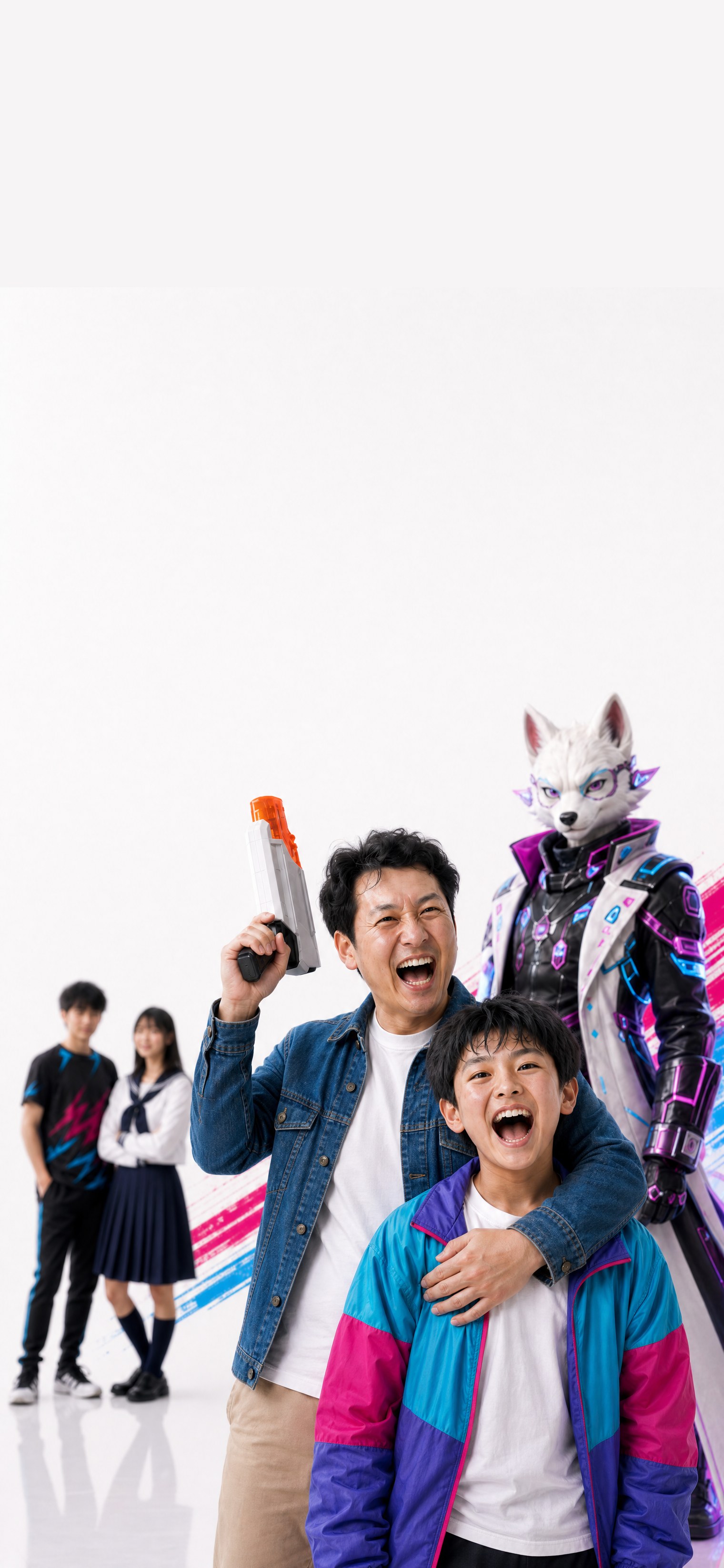 ブラスターを掲げて笑う父と息子。奥に高校生プレイヤーと、相棒のピカタグモンスター