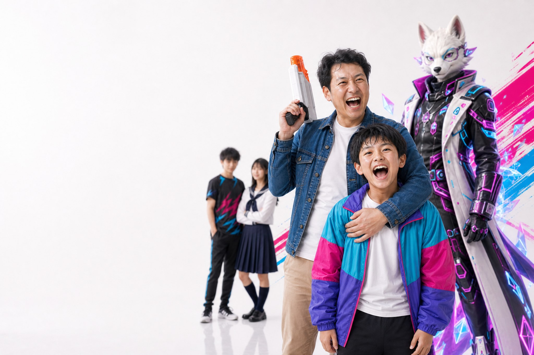 ブラスターを掲げて笑う父と息子。奥に高校生プレイヤーと、相棒のピカタグモンスター