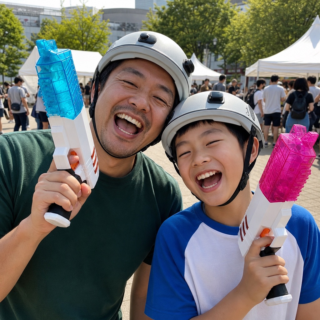 試合後にヘルメット姿でセルフィーを撮る親子